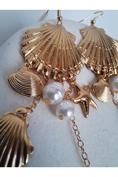 BHR AKSESUAR أقراط صدف البحر مع اللؤلؤ الذهبي (11 سم)