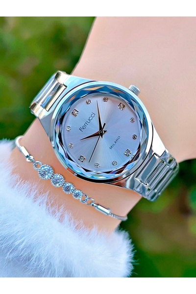 Ferrucci Kesme Cam Çelik Kordon Taşlı Kadın Kol Saati Bileklik Hediyeli