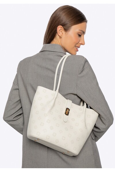 Wittchen Valiză de damă din piele cu semnătură în relief, crem mare, piele crem