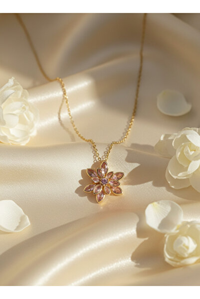 Mirah Luxe Çiçek Figürlü Pembe Taşlı Zarif Kadın Çelik Kolye
