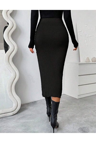 MAROVOAY Corded Fabric Midi Pencil Stretch Fabric Skirt with a Cross-Slit Detail on the Front