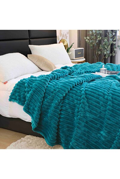 JOJO HOME Fluffy cocolino blanket, 200x230cm, striped pattern, Turquoise