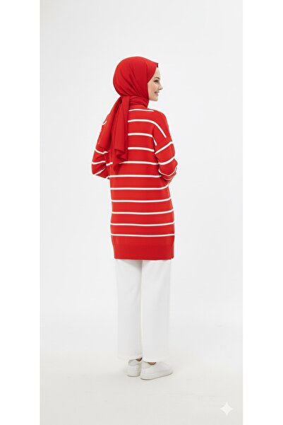 Minharir Tesettür Çizgili Triko Tunik – Kadın Oversize Uzun Rahat Kalıp