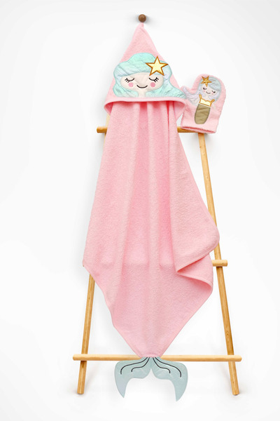 Babyline Aş منشفة أطفال قطنية 100% مطرزة بتصميم حورية البحر