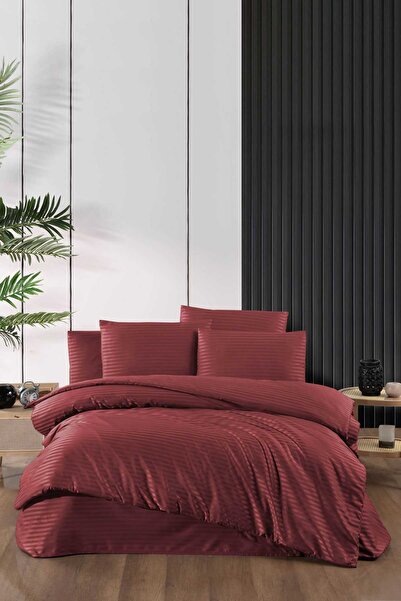 TakÇalıştır Stripe Saten Line Double Duvet Cover Set Claret Red