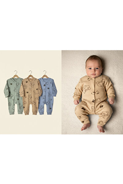 bebedino Yeni Doğan Bebek Tulum Seti 3’lü | Ayıcıklı Set - Patiksiz | %100 Pamuk, Anti Alerjik | 0-3 & 3-6 Ay