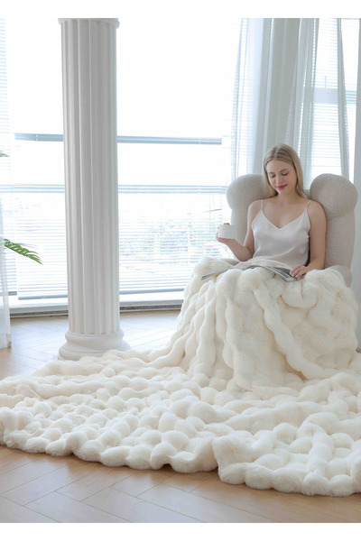 JOJO HOME Cocolino super fluffy blanket, faux rabbit fur, with zipper, 200x230cm, Cream