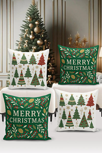 Bertille Home New Year Series Double-Sided Digital Printed Set of 4 Throw Pillow Covers (Christmas Cushion Cover)