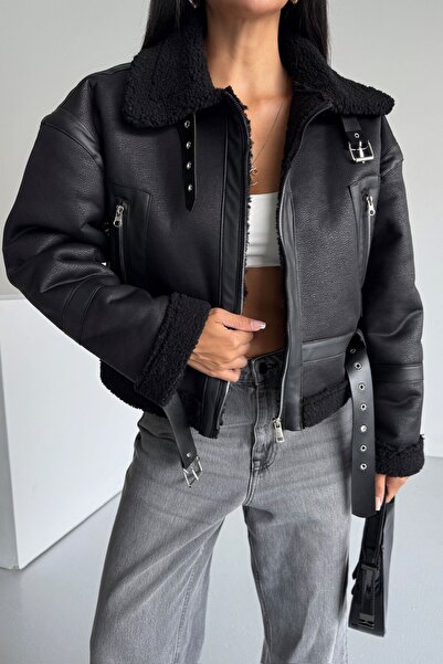moda armanc Γυναικείο παλτό από ψεύτικο δέρμα με επένδυση από γούνα - Χειμώνας oversized Μπουφάν Biker με βελούδινο εσωτερικό