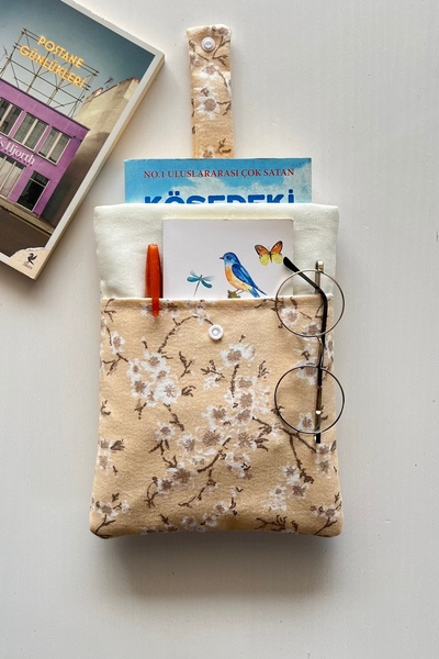 Outlet Çarşım Sakura Cepli Keten Kumaş Kitap Kılıfı Kitap Sever Hediyesi