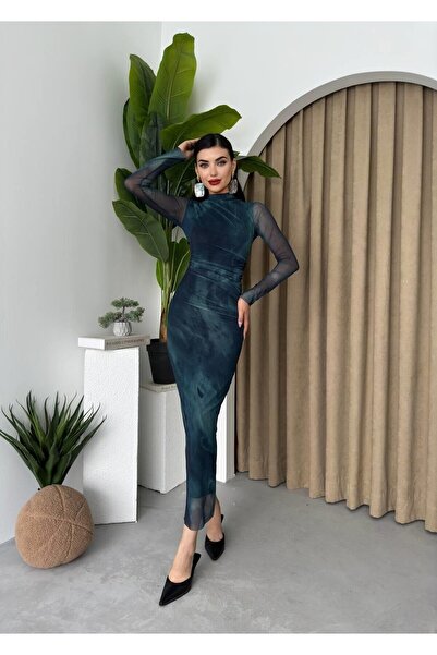 Masspera Uzun Kollu Desenli Lizz Midi Tül Elbise