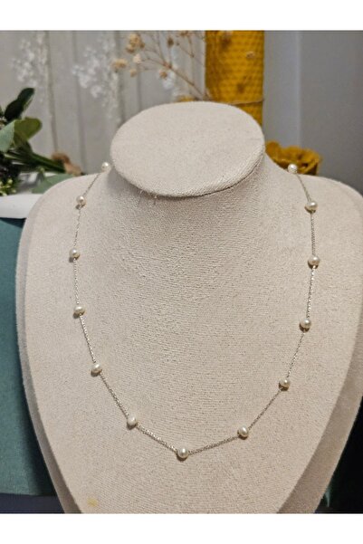 İNCİORA JEWELRY GERÇEK DOĞAL İNCİ GÜMÜŞ ZİNCİR ARALIKLI KOLYE - 925 ayar GÜMÜ...