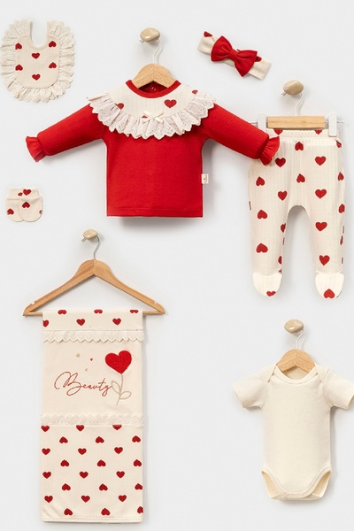 Cherub Baby Heart Lace Baby Girl Newborn 7 Piece Hospital Release Bodysuit Set with Blanket