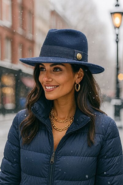 BALIENTE Navy Blue Metal Button Detailed Panama Fedora Cowboy Women's Hat