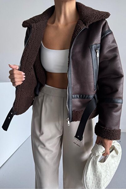 moda armanc Γυναικείο παλτό από συνθετικό δέρμα με επένδυση από γούνα - Καφέ oversized Φερμουάρ Winter Biker Jacket