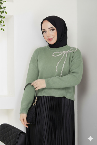 Blue Morpho Bow Detailed Knitwear Stone Embellished Skirt Top Crop Sweater