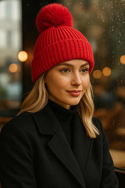 BALIENTE Beretă roșie material reiat pentru femei cu pompon de pluș