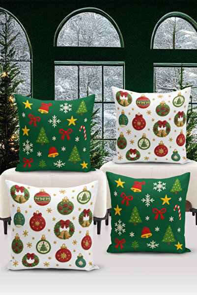 Bertille Home New Year Series Double-Sided Digital Printed Set of 4 Throw Pillow Covers (Christmas Cushion Cover)