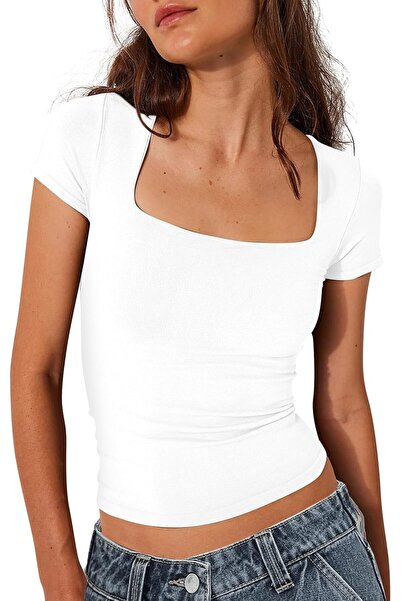 Generic BAIGRAM Women Square Neck Crop Top Short Sleeve Slim Fitted T-Shirt