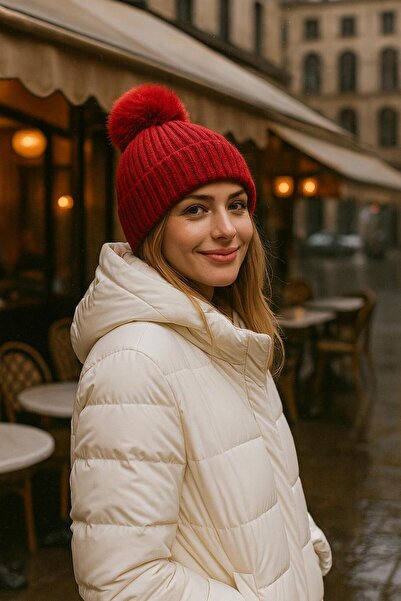 FELLMENS Burgundy Corded Fabric Plush Pompom Women's Beret