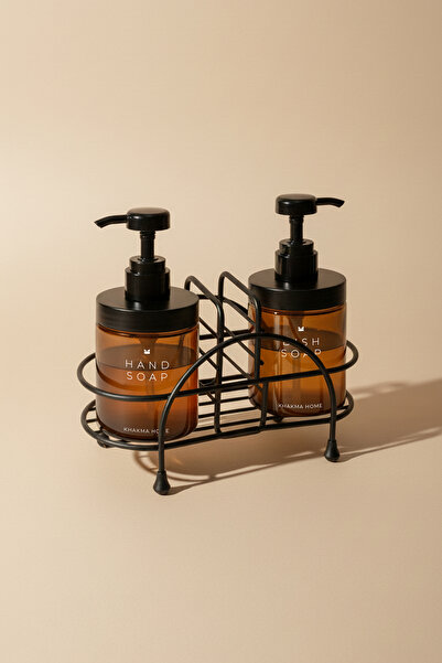 KHAKMA Σετ 2 Γυάλινων Δοχείων Σαπουνιού Κεχριμπάρι – Με Μαύρη Μεταλλική Βάση |   Σετ σαπουνιού χεριών και πιάτων |   250 ml