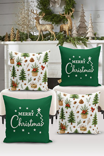 Bertille Home New Year Series Double-Sided Digital Printed Set of 4 Throw Pillow Covers (Christmas Cushion Cover)