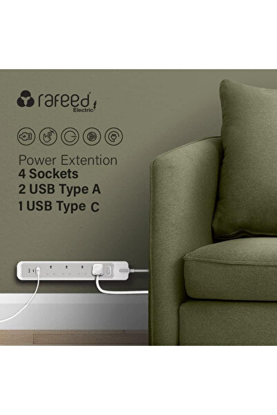 RAFEED 4-port power extension cord with 2 USB ports and a 3-meter-long cable