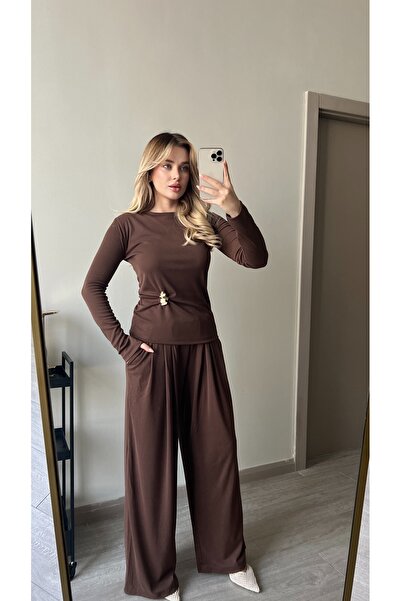 ForOus Brooched Flexible Fabric Elastic Waist Long Sleeve T-Shirt Set Casual