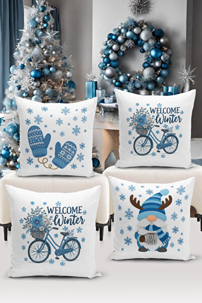 Bertille Home New Year Series Double-Sided Digital Printed Set of 4 Throw Pillow Covers (Christmas Cushion Cover)