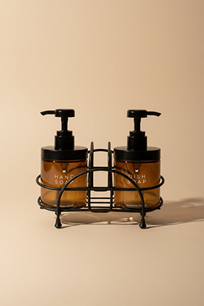 KHAKMA Σετ 2 Γυάλινων Δοχείων Σαπουνιού Κεχριμπάρι – Με Μαύρη Μεταλλική Βάση |   Σετ σαπουνιού χεριών και πιάτων |   250 ml