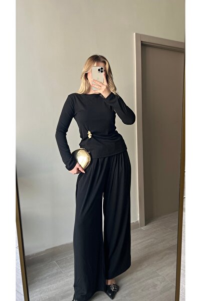 ForOus Brooched Flexible Fabric Elastic Waist Long Sleeve T-Shirt Set Casual