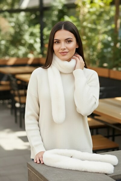 Netodak Kadın Kürk Görünümlü Peluş Atkı Boyunluk – Kışlık Yumuşak Dokulu Şık Zarif Beyaz Model