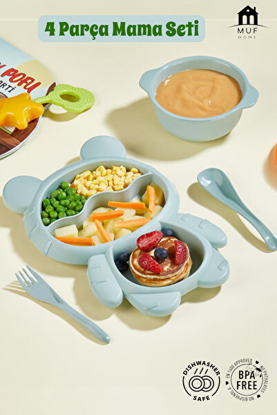 MUF HOME Ayıcık Şekilli 3 Bölmeli 4 Parça Çocuk Bebek Mama Tabağı + Çorba Kas...