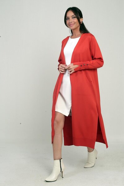 By Saygı Women's Long Cardigan with Button Detail on the Sleeves, Pockets, and Side Slits
