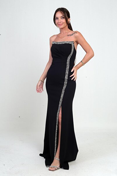 By Saygı Women's Long Crepe Dress with Draped Stone Detail on the Front