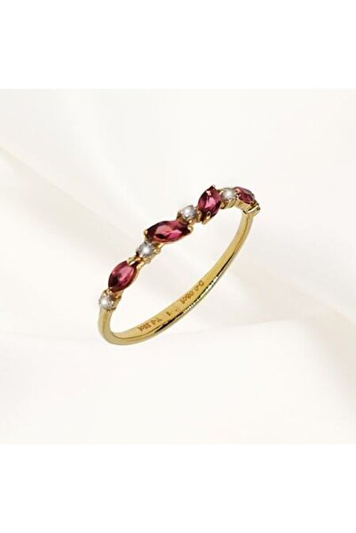Joliesse Diamonds 14K gold "Princess" ring with diamonds and pink semi-precious stones, size 55