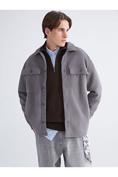 LC Waikiki Jachetă cămașă pentru bărbați din catifea cu mâneci lungi, gri, co...