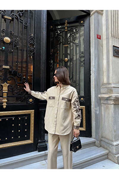 MİA NOURA Women's Front Beaded Gabardine Shirt and Pants Set