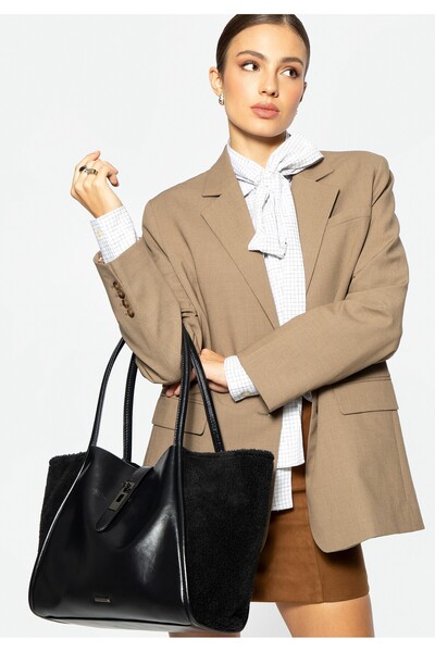 Wittchen Geantă de damă tip shopper cu inserții de blană, neagră, din piele