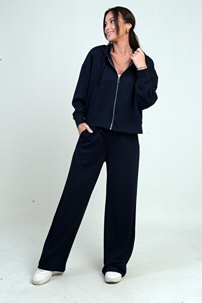 By Saygı Жіночий кардиган з капюшоном на блискавці, еластичний пояс, штани-палаццо з кишенями, комплект з 2 предметів