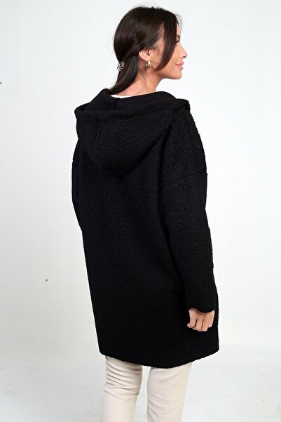 By Saygı Women's Hooded Comfortable Fit Boucle Cardigan with Front Zipper Pockets