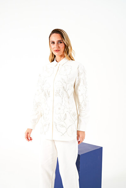 MİA NOURA Women's Gabardine Shirt and Pants Suit with Beaded Front and Sleeves