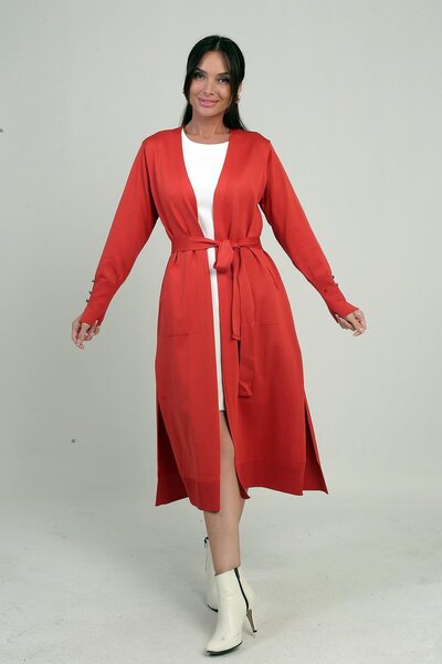 By Saygı Women's Long Cardigan with Button Detail on the Sleeves, Pockets, and Side Slits