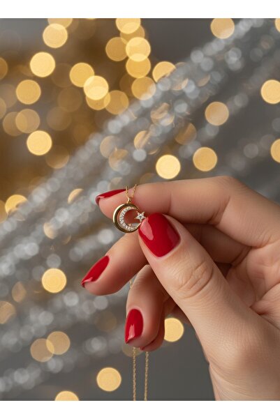 LAVANTHNA 925 Ayar Altın Renk Hilal ve Yıldız Figürlü (Türk Bayrağı) Zirkon K...