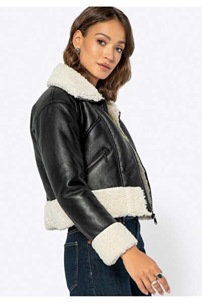 Wittchen Geacă scurtă de piele neagră pentru femei cu blană