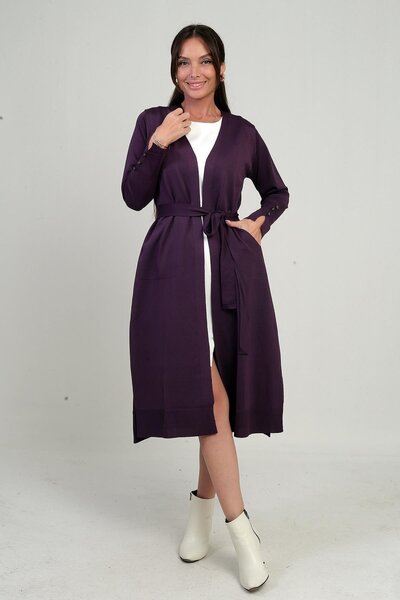 By Saygı Women's Long Cardigan with Button Detail on the Sleeves, Pockets, and Side Slits