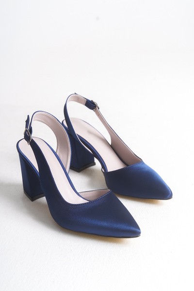 LEVONYA Women's Navy Blue Satin Side Open Thick Pointed Heeled Shoes