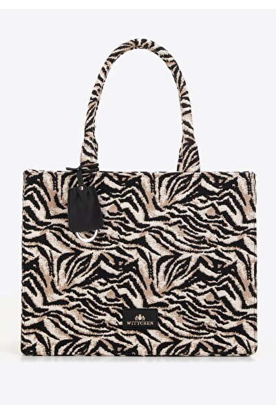 Wittchen Women's jacquard patterned shopper bag in black and brown cotton