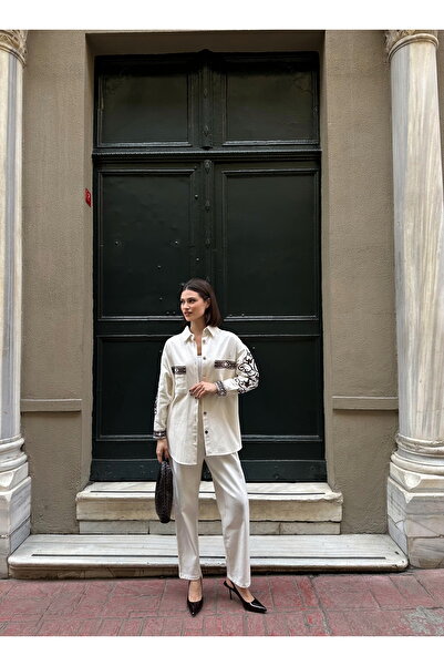 MİA NOURA Women's Front Beaded Gabardine Shirt and Pants Set