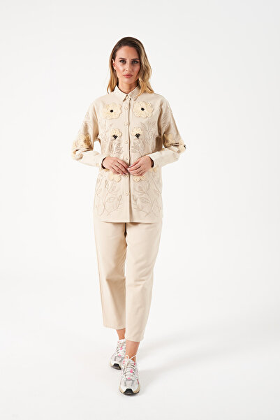 MİA NOURA Women's Gabardine Shirt and Pants Suit with Beaded Front and Sleeves